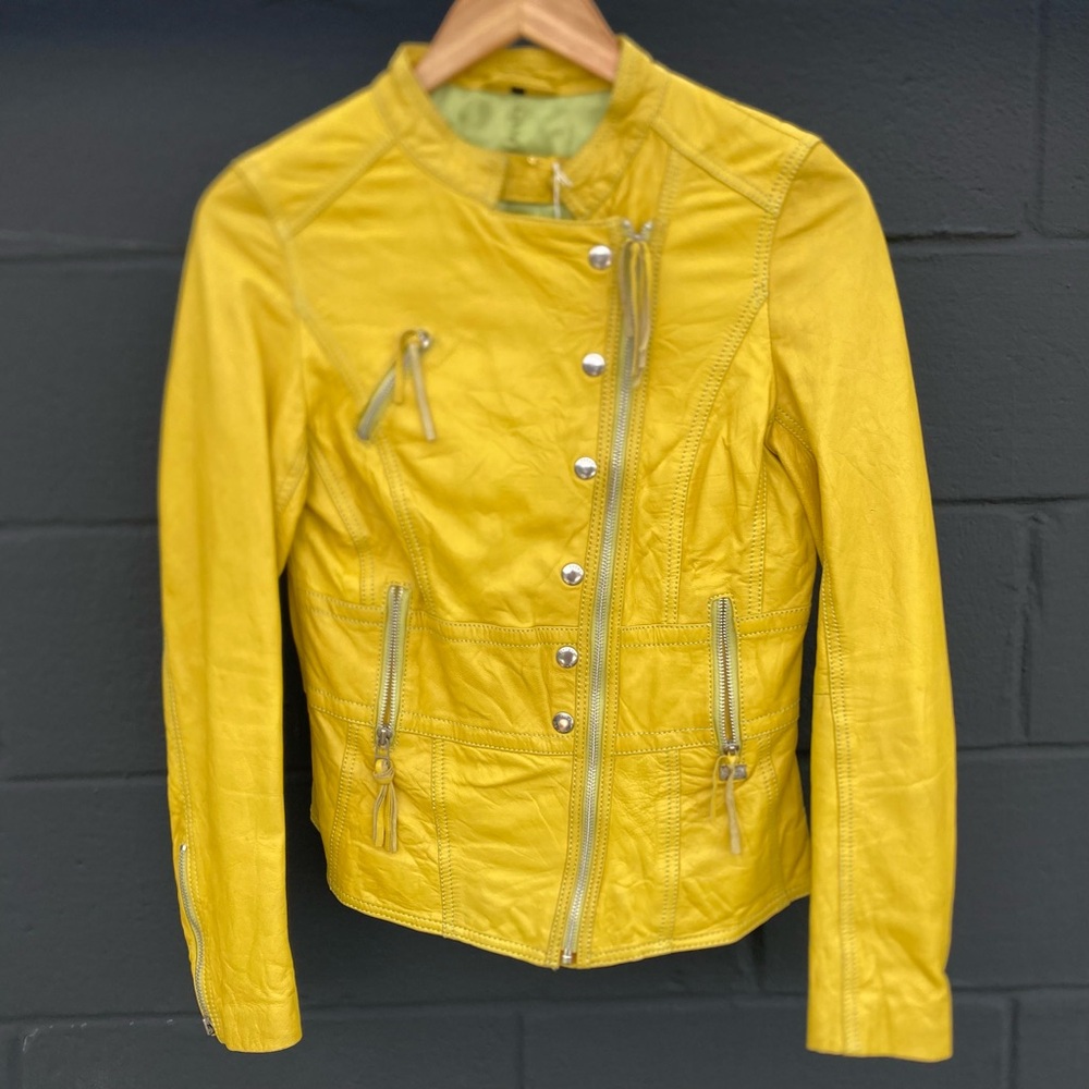 Freaky Nation Genuine Leather Yellow Moto Motorcycle Jacket Size S Org.$320